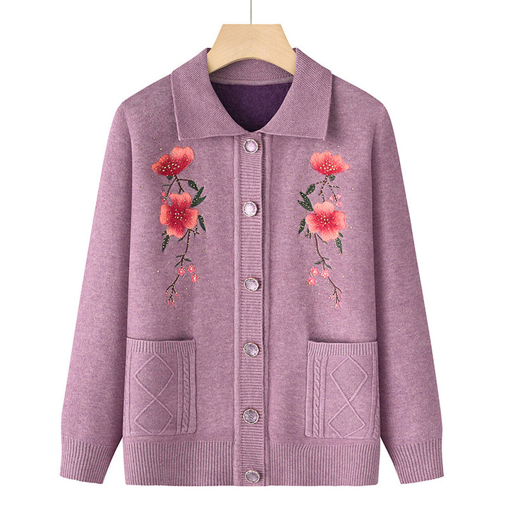Damen nan bestickte Strickjacke mit Hemdkragen, Eingrifftaschen und floraler Stickerei Drune