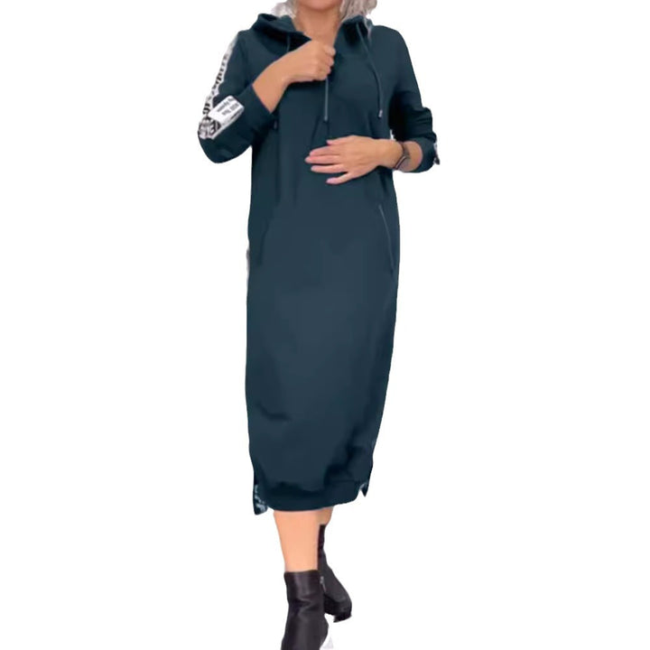 Damen nan knöchellanges Kapuzen-Sweatkleid mit Halbzip, Kängurutaschen und seitlicher Zierpaspel Drune