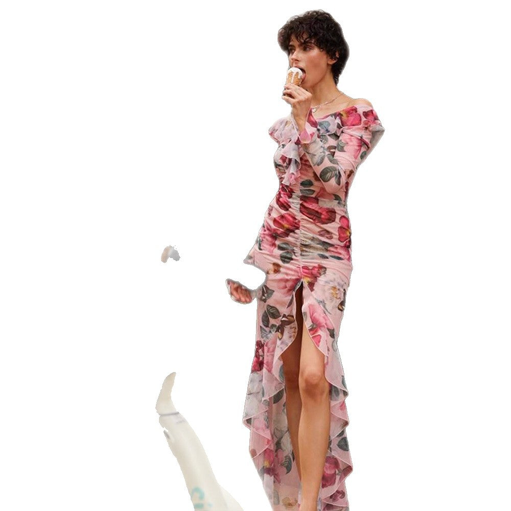 Damen Florales Chiffon-Maxikleid mit asymmetrischer Rüschen‑Schulter, geraffter Korsage & hohem Frontschlitz Drune