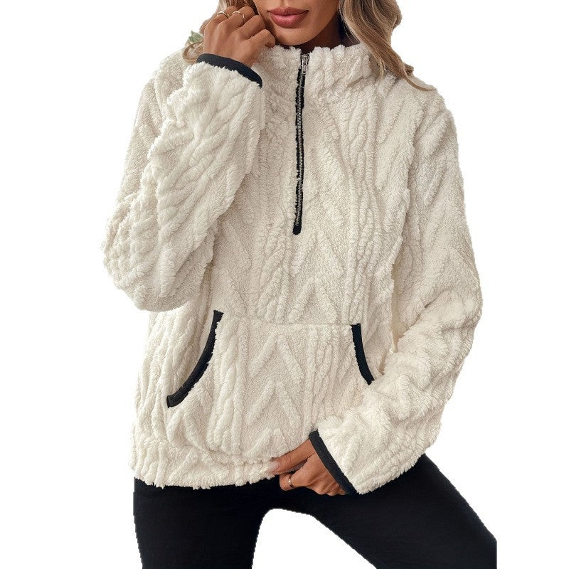 Damen flauschiger Teddy-Pullover mit halbem Reißverschluss und hohen Kragen Drune