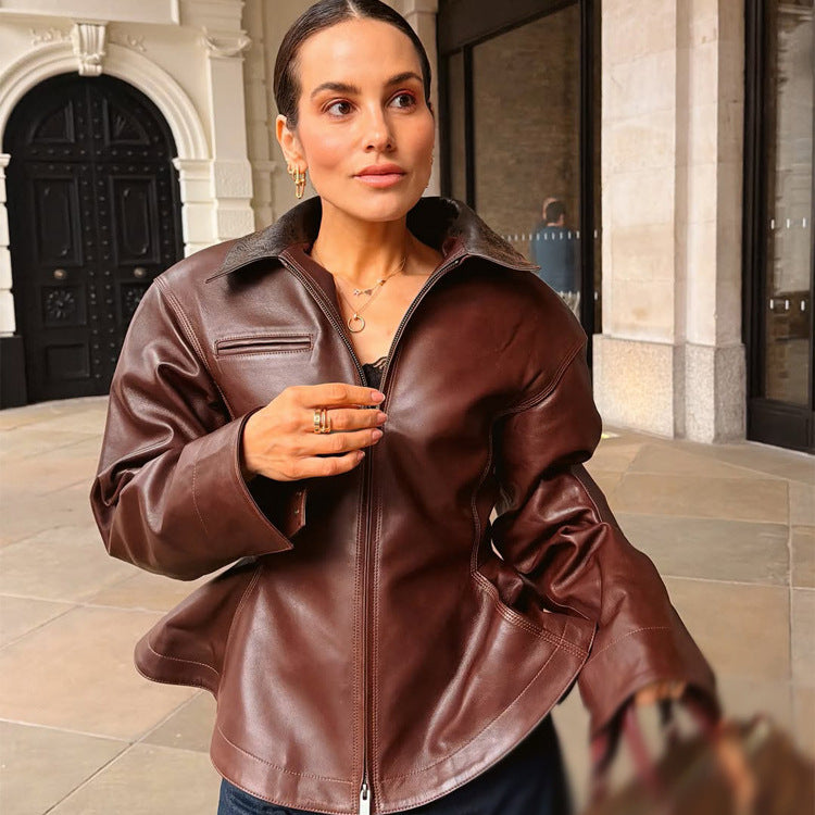 Damen Lederjacke mit tailliertem Schößchen, Reißverschluss & großem Hemdkragen Drune