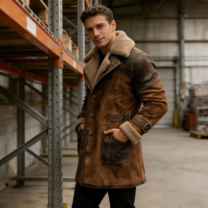 Herren Langer Shearling-Mantel aus Wildleder mit Lederbesatz Drune
