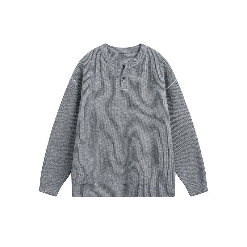 Unisex Grobstrick-Henley-Pullover mit Knopfleiste und Drop-Shoulder Drune