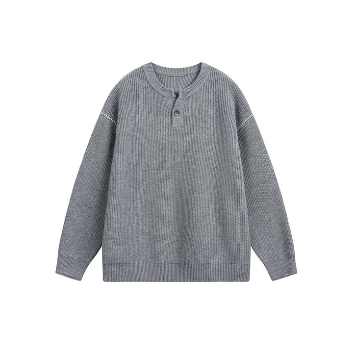 Unisex Grobstrick-Henley-Pullover mit Knopfleiste und Drop-Shoulder Drune