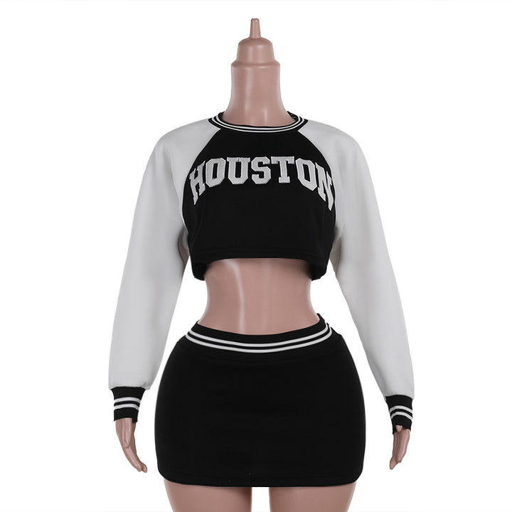 Damen Zweiteiliges Sportives Crop-Sweatshirt- und Minirock-Set mit Raglanärmeln und geripptem Taillenbund Drune