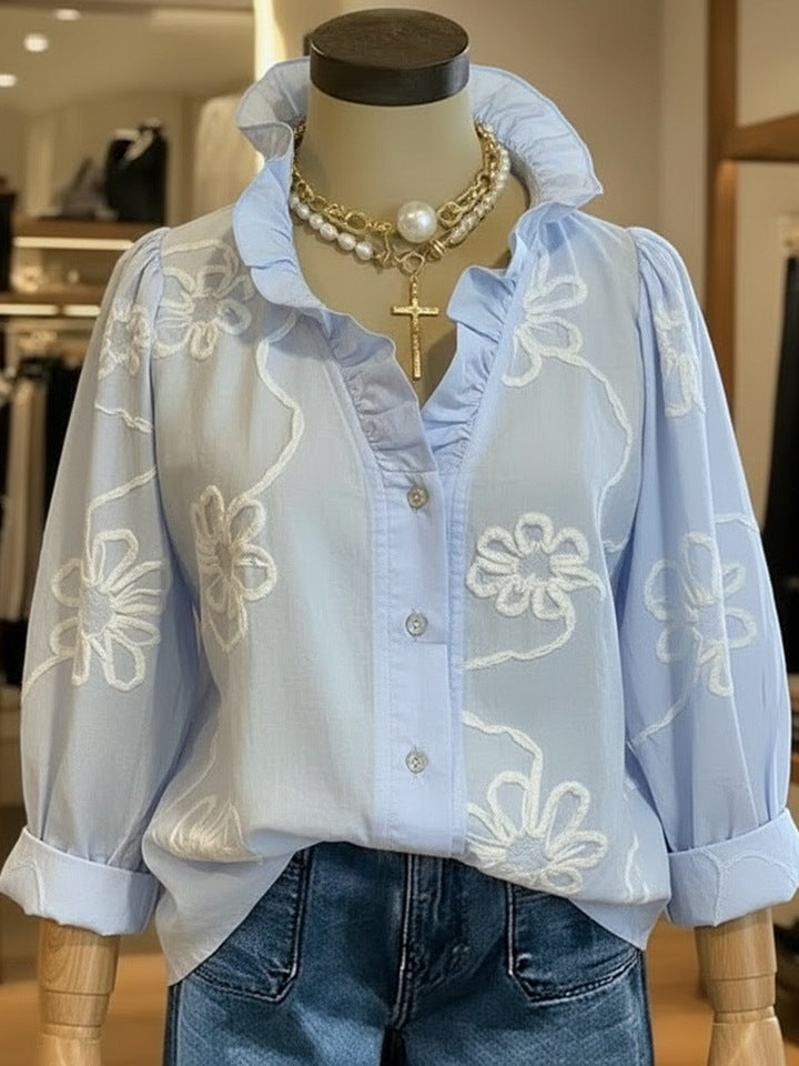 Damen elegante Bluse mit floralen Stickereien und voluminösen Ärmeln Drune