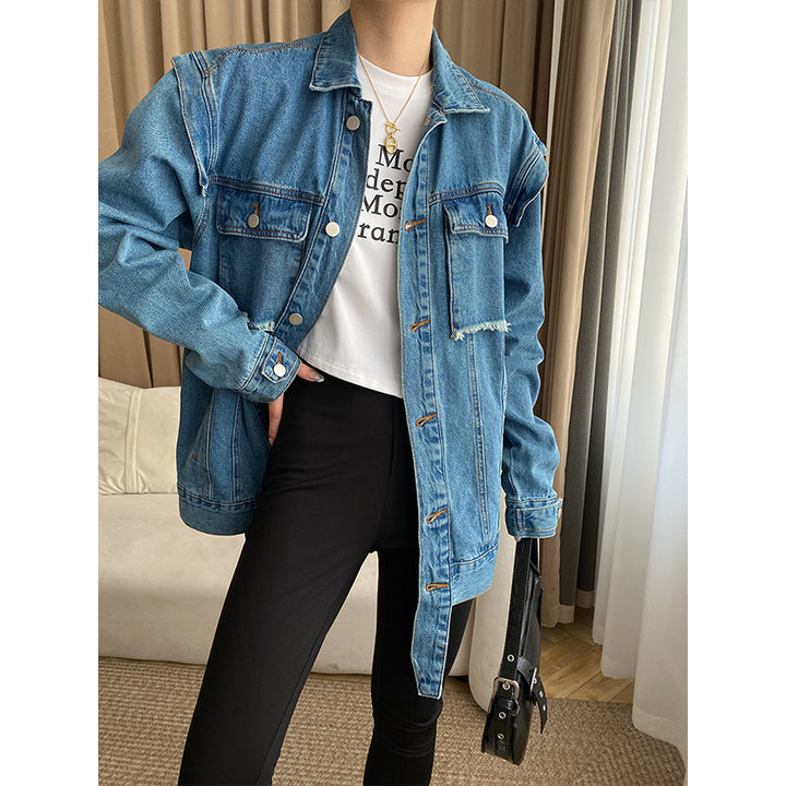 Damen lässige Denim-Übergangsjacke mit modischen Knopfdetails und aufgesetzten Taschen Drune