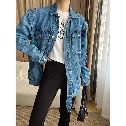 Damen lässige Denim-Übergangsjacke mit modischen Knopfdetails und aufgesetzten Taschen Drune