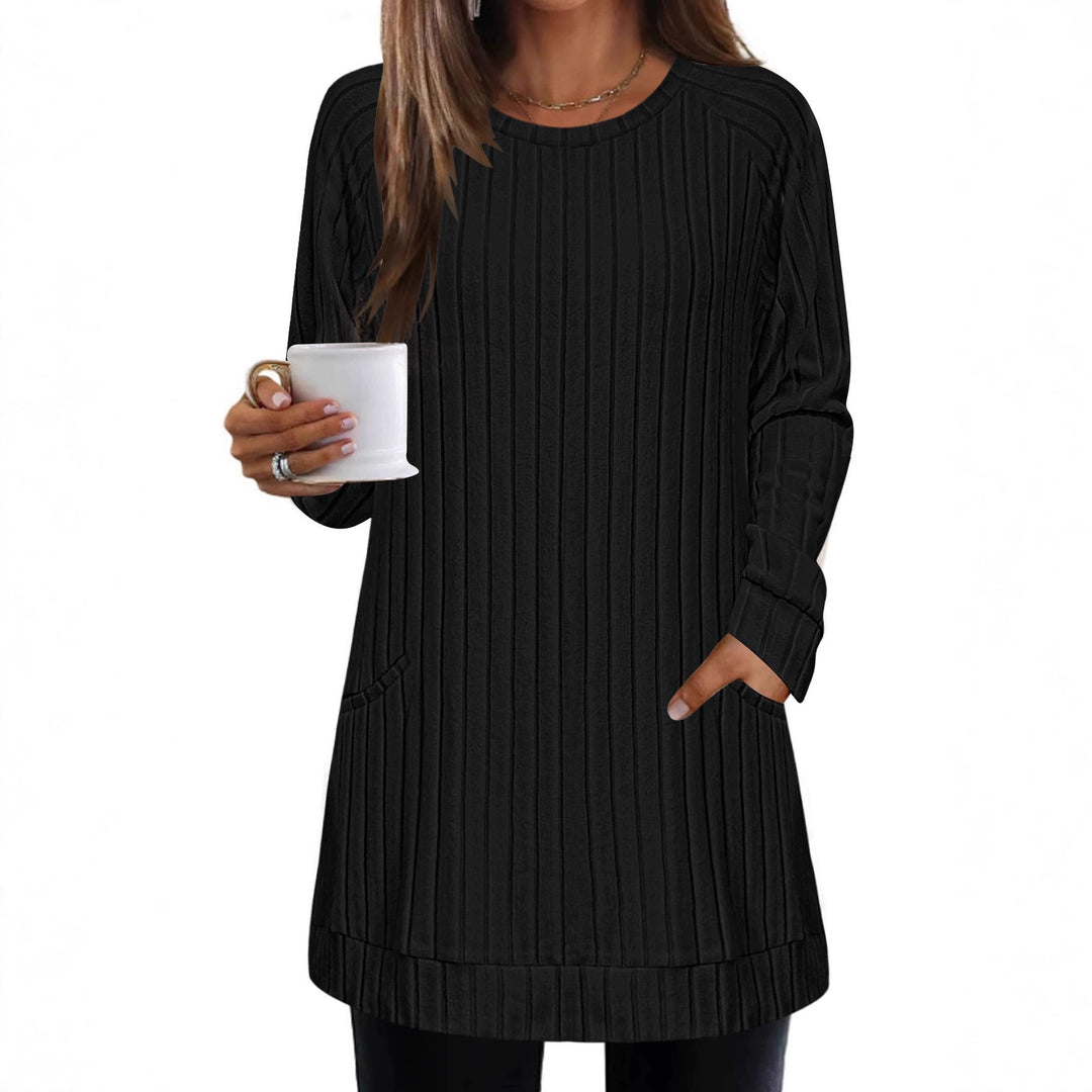 Damen Gerippter Longpullover-Tunika mit Rundhals, Seitentaschen und legerer Passform Drune