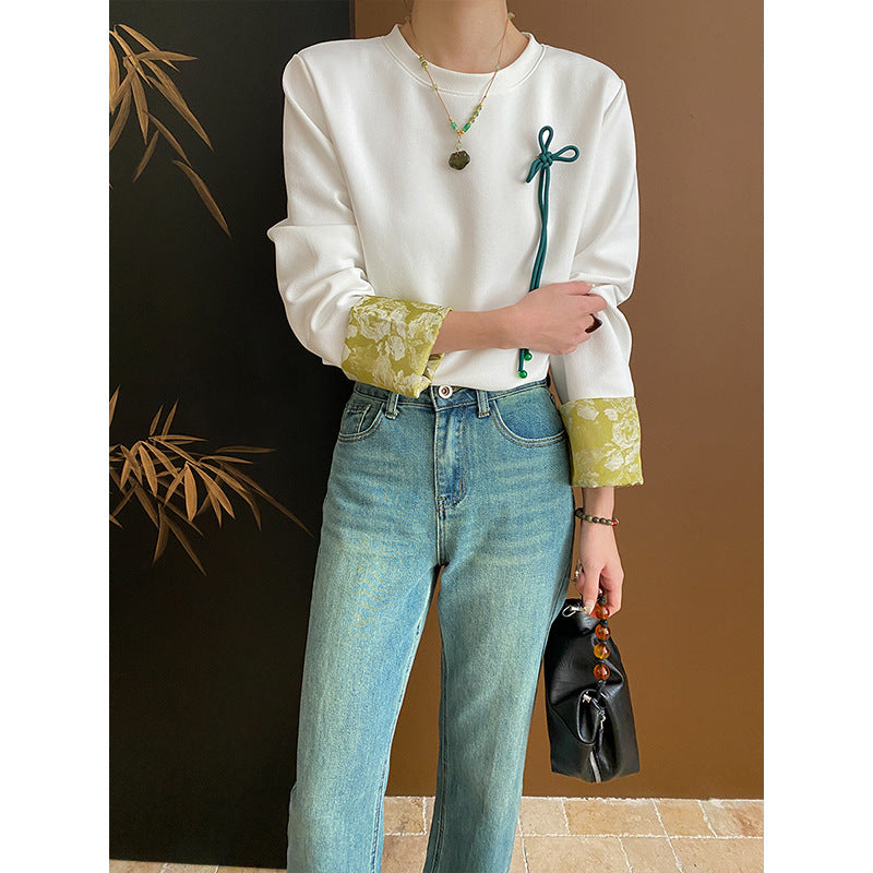 Damen modisches Langarmshirt mit floralem Kragen und dekorativem Detail Drune