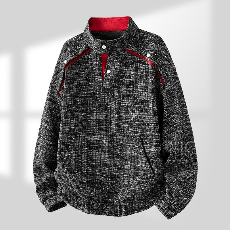 Herren Oversize Struktur-Halbzip-Strickpullover mit Stehkragen, Druckknopfblende & Kängurutasche Drune