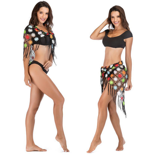 Damen Häkel-Überwurfjacke mit floralen Motiven und Fransen Drune