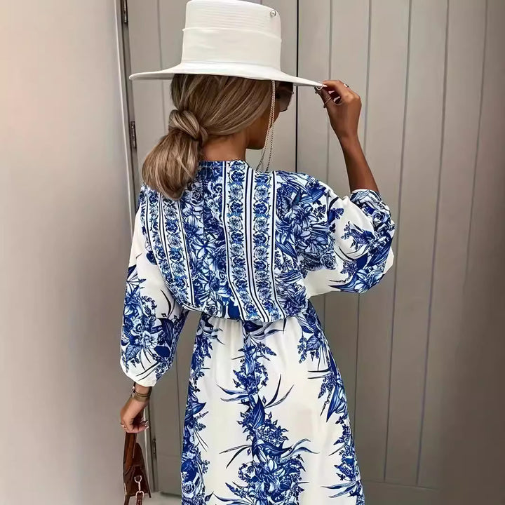 Damen Bohème Maxikleid mit elegantem V-Ausschnitt und tailliertem Gürtel Drune