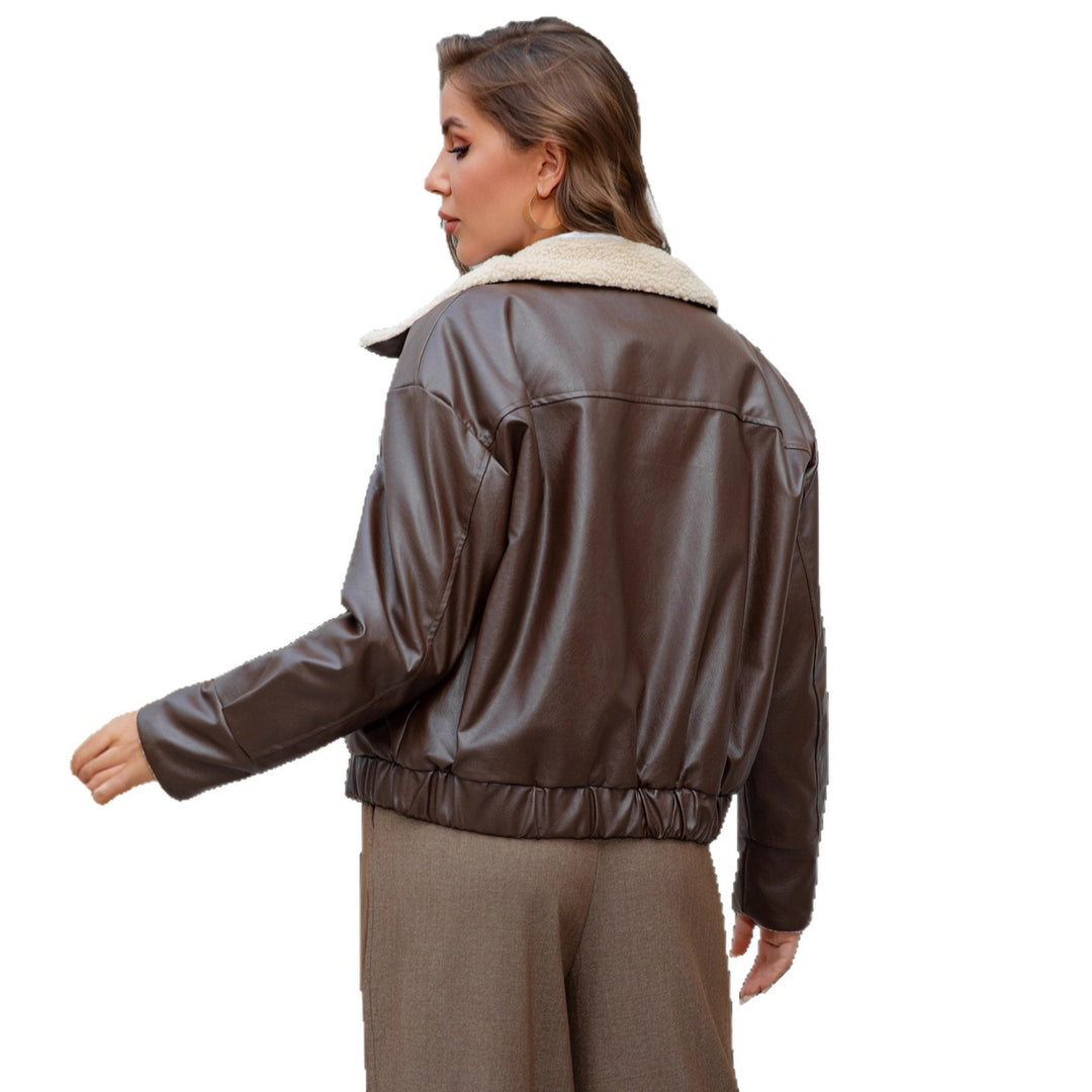 Damen Kurzgeschnittene Kunstlederjacke mit Teddykragen und Druckknöpfen Drune
