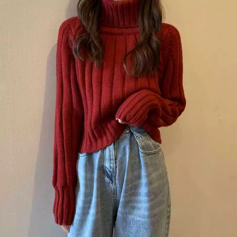 Damen lässiger Rollkragenpullover mit feinem Rippenmuster Drune