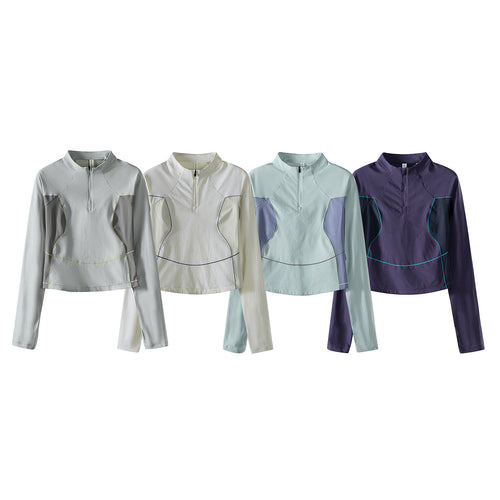Damen Cropped Halbzip-Trainingsshirt mit Raglanärmeln und Kontrastpaneelen Drune