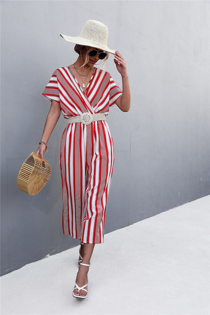 Damen eleganter Jumpsuit mit V-Ausschnitt, breiten Ärmeln und anisstreifendem Design Drune