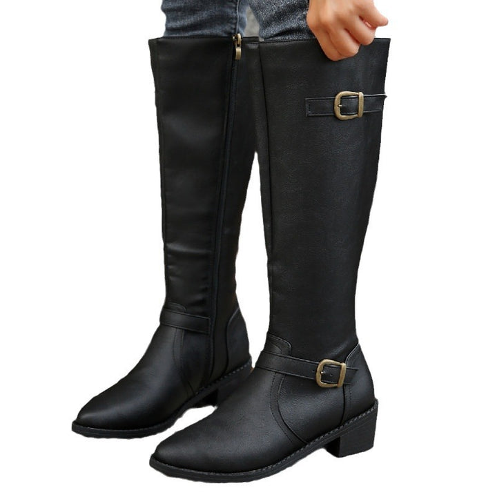 Damen  kniehohe Stiefel in Lederoptik mit seitlichem Reißverschluss und Zierschnalle Drune