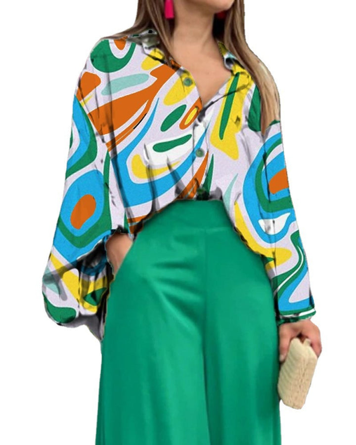 Damen Oversize Hemdbluse mit abstraktem Aquarellprint und überschnittener Schulter Drune