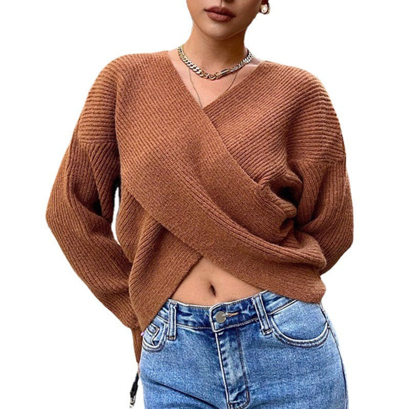 Damen stilvoller Wickelpullover mit innovativem Schnitt und breiten Ärmeln Drune