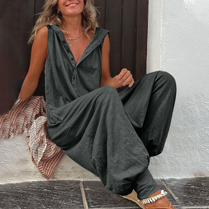 Damen Lässiger Jumpsuit mit Kapuze und Knopfverschluss Drune