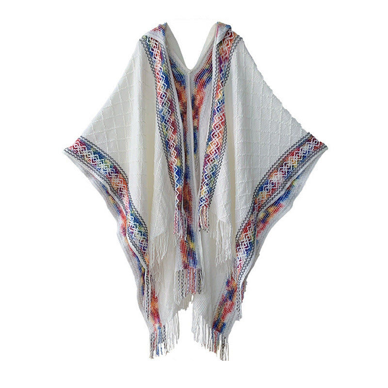 Damen Kapuzenponcho mit Fransen und gewebten Bordüren-Details Drune