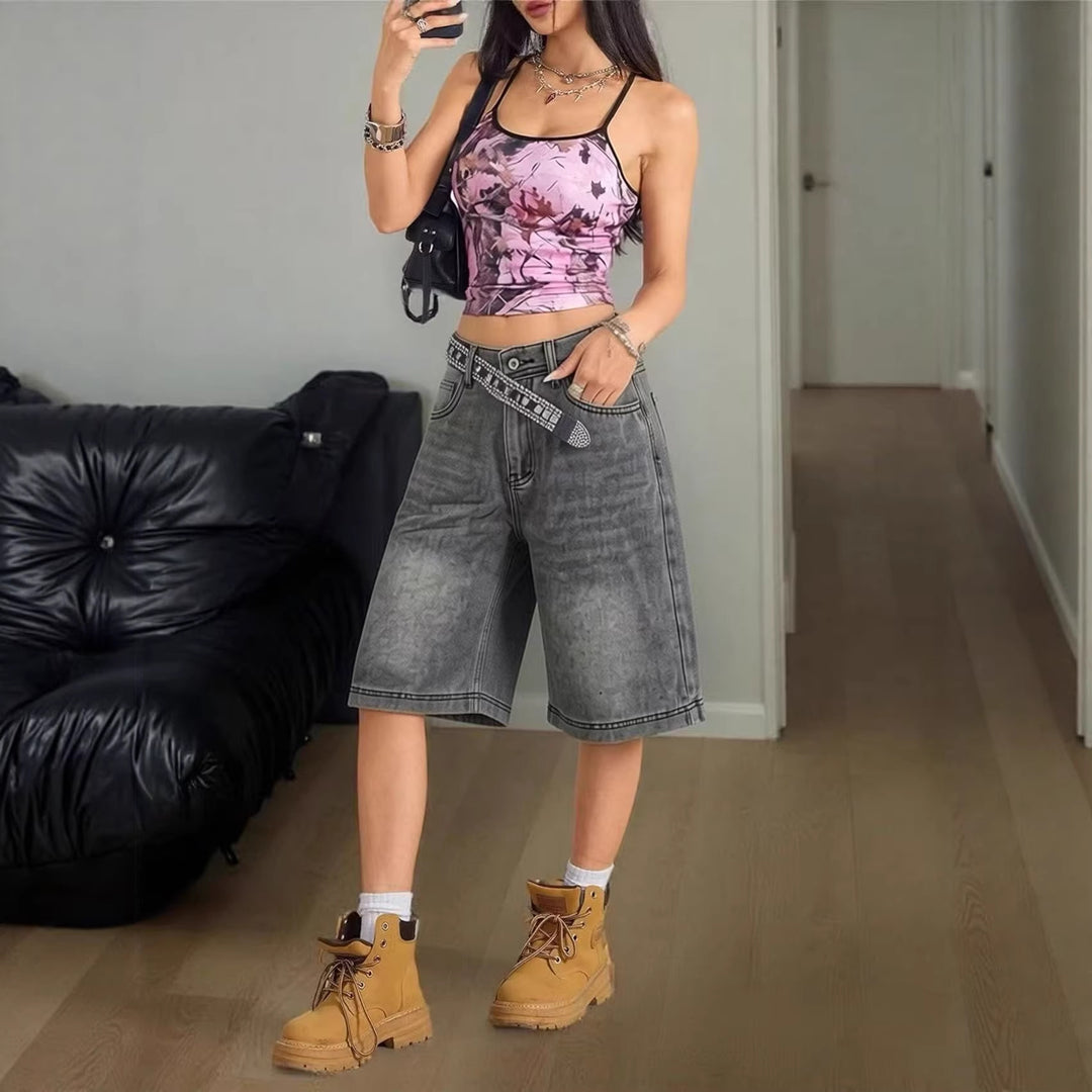 Damen lässige Denim-Shorts mit hohem Bund und weitem Schnitt Drune