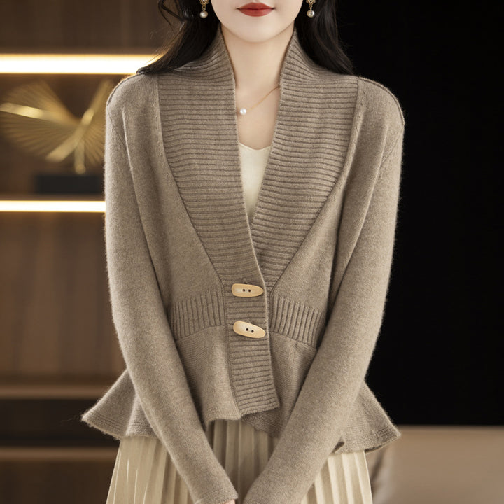 Damen elegante Strickjacke mit Wickeloptik und Knopfdetail Drune