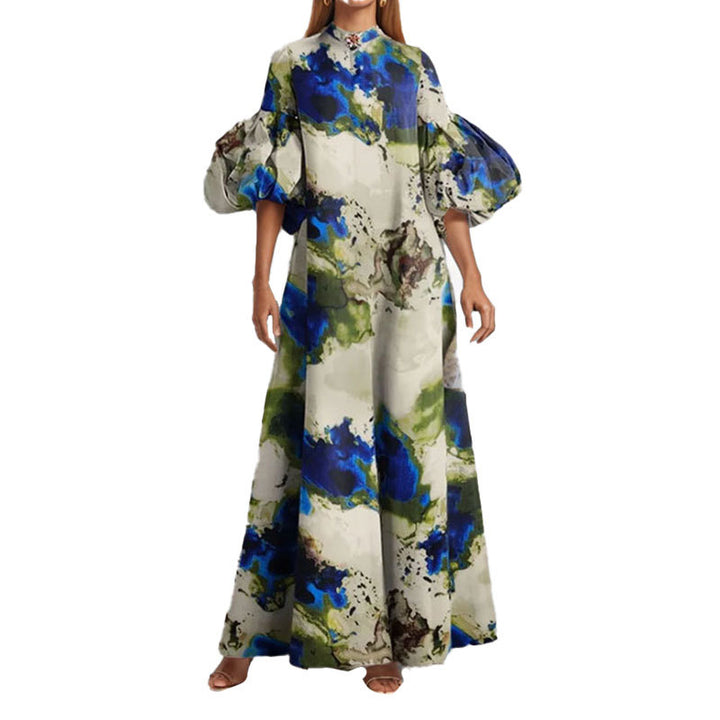 Damen Maxikleid mit voluminösen Puffärmeln und kunstvollem Farbdesign Drune