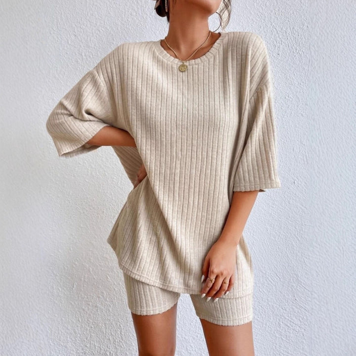 Damen Lässiges Rippstrick-Lounge-Set mit Oversize-Kurzarmoberteil und High-Waist-Biker-Shorts Drune