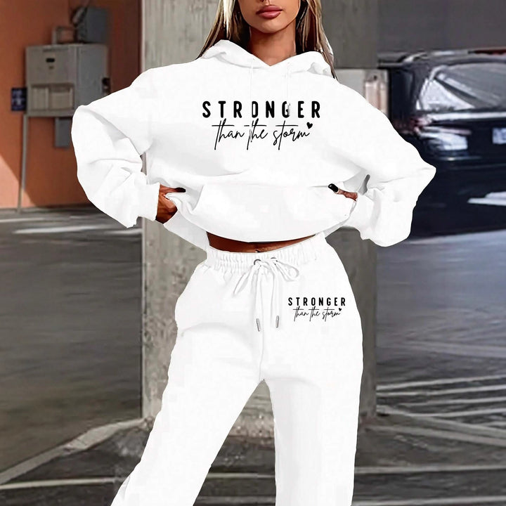 Damen nan Cropped-Hoodie und Jogginghose Set mit Statement-Print, Kängurutasche und elastischem Bund Drune