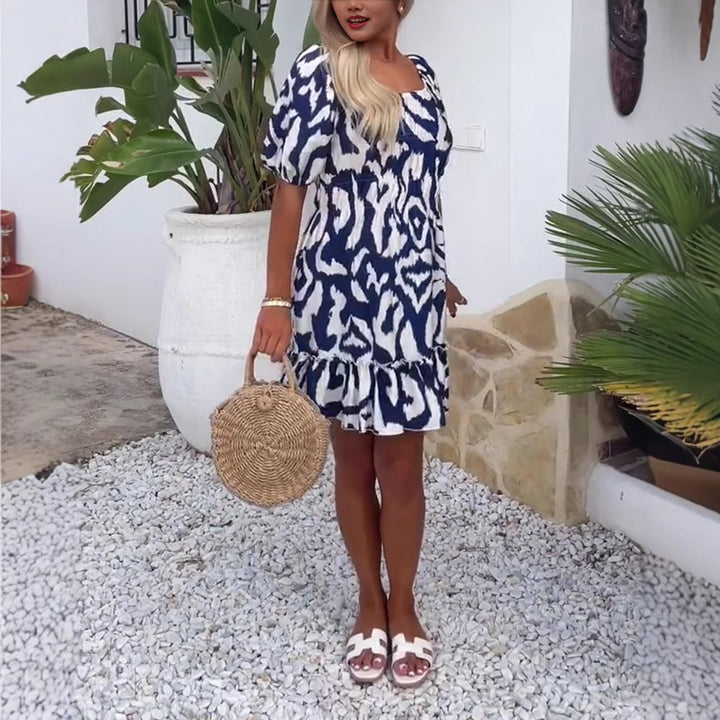Damen nan Kurzschnitt-Sommerkleid mit quadratischem Ausschnitt, Puffärmeln und Volant-Saum Drune