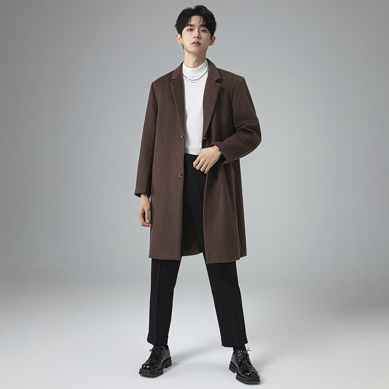 Herren Eleganter Longline-Wollmantel mit minimalistischem Revers und taillierter Silhouette Drune