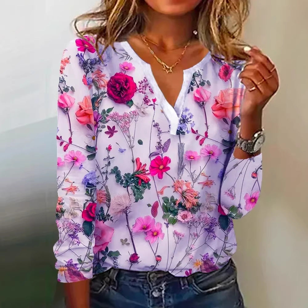 Damen Floral Lange Bluse im Chiffon-Look mit V-Schlitz und Lässiger Silhouette Drune