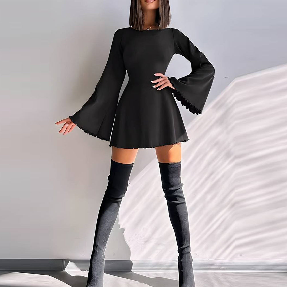Damen A-Linien Minikleid mit ausgestellten Trompetenärmeln und taillierter Silhouette Drune
