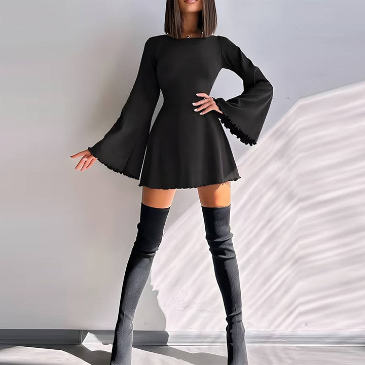Damen A-Linien Minikleid mit ausgestellten Trompetenärmeln und taillierter Silhouette Drune