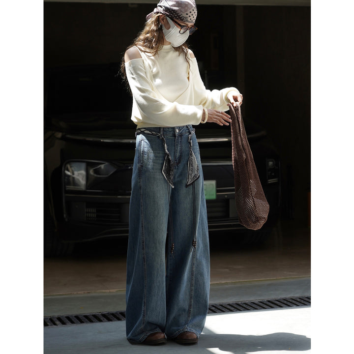Damen Weite High‑Waist Denim-Baggyhose mit Bandana‑Schnürung und Perlenbändern Drune