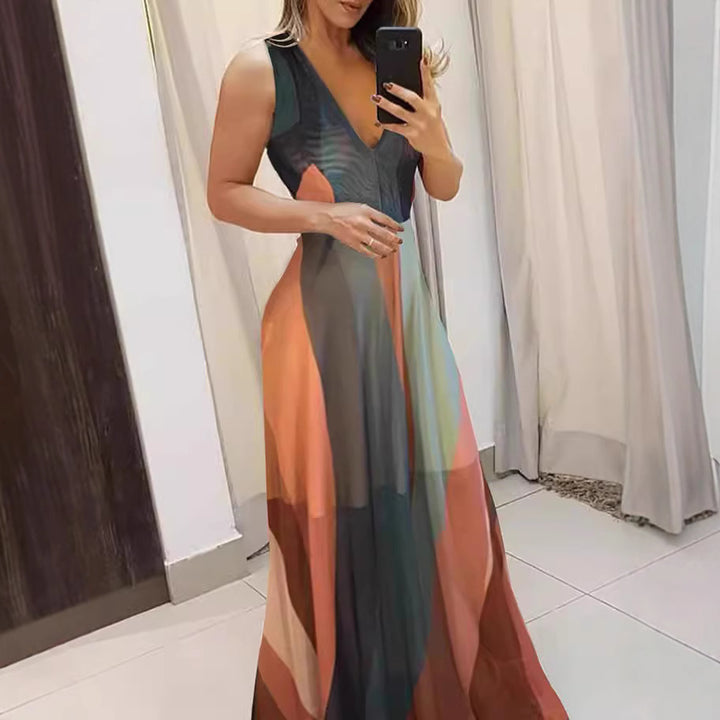 Damen Langes Maxikleid mit tiefem V-Ausschnitt und fließendem Schnitt Drune