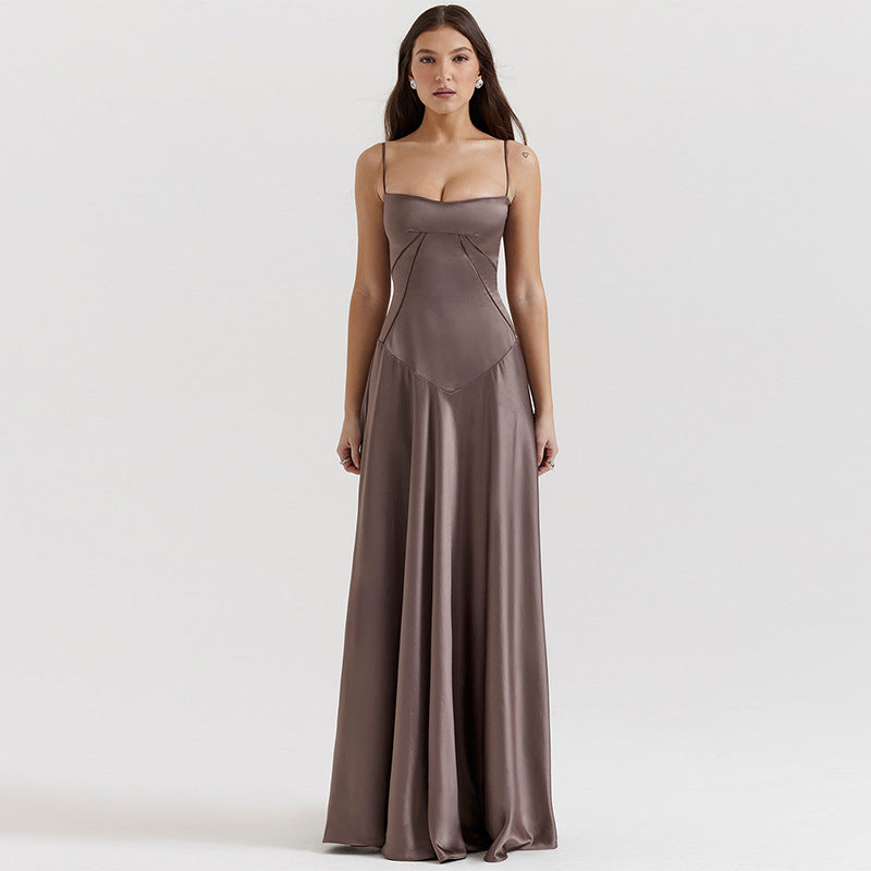 Drune | Abendkleid Satin Glanz Spaghetti Träger Rückenfrei Schmaler Schnitt Elegantes Kleid