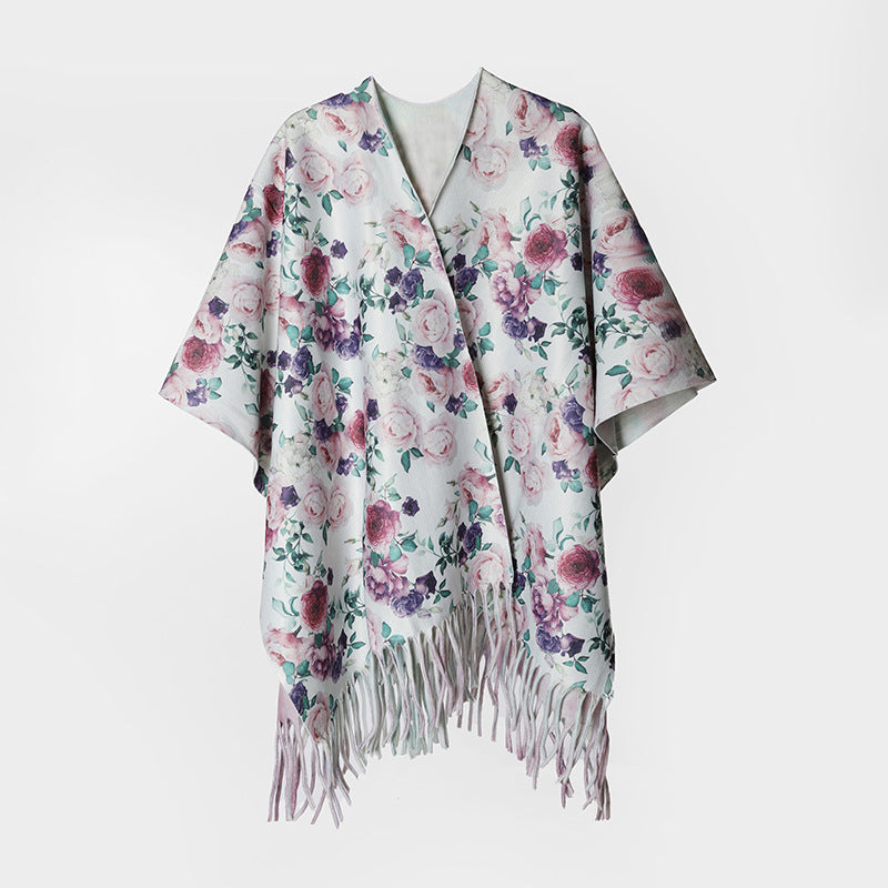 Damen Blumen‑Kimono‑Überwurf mit seidenähnlichem Fall und Fransensaum Drune