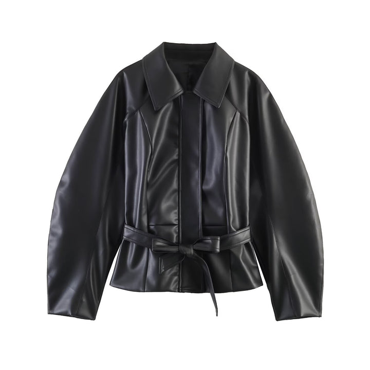 Damen Kurze Kunstlederjacke mit Taillengürtel und Oversized-Ärmeln Drune