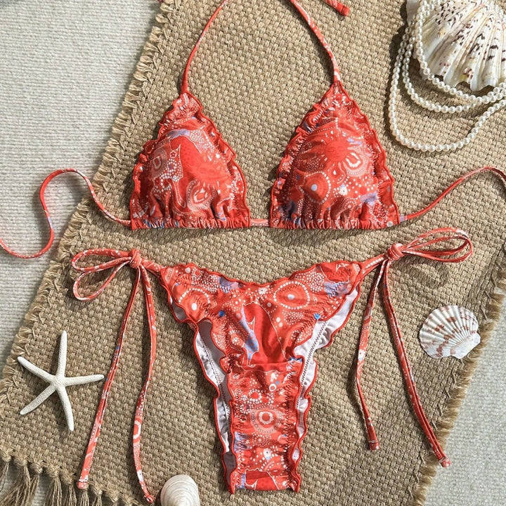 Damen Triangel-Bikini mit Rüschendetails und lebhaftem Blumendruck Drune