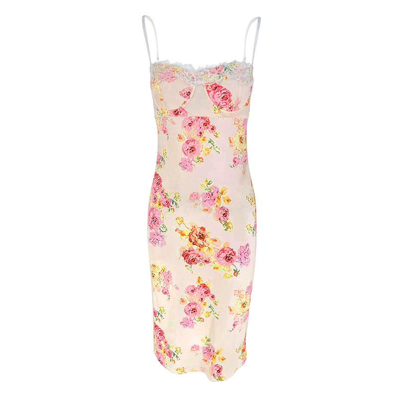 Damen Sommerliches Blumenkleid mit zarter Spitze und Spaghetti-Trägern Drune