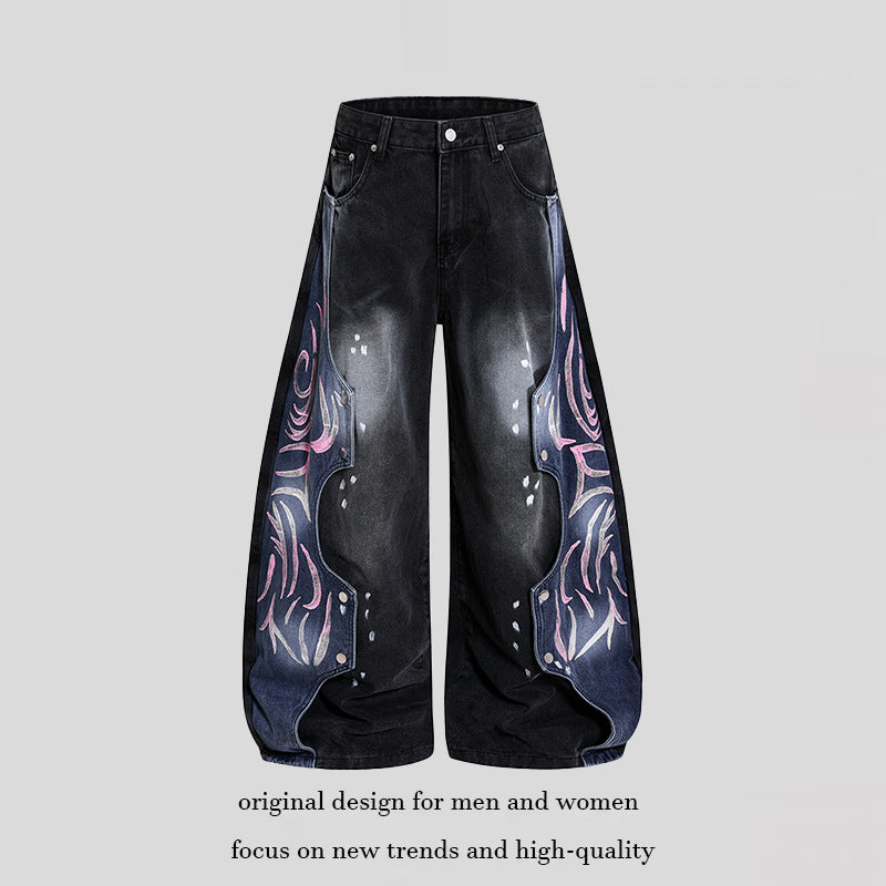 Damen High‑Waist weite Balloon‑Denim‑Culotte mit kontrastseitigen Artwork‑Paneelen Drune