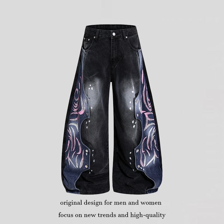 Damen High‑Waist weite Balloon‑Denim‑Culotte mit kontrastseitigen Artwork‑Paneelen Drune