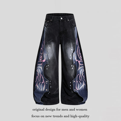 Damen High‑Waist weite Balloon‑Denim‑Culotte mit kontrastseitigen Artwork‑Paneelen Drune