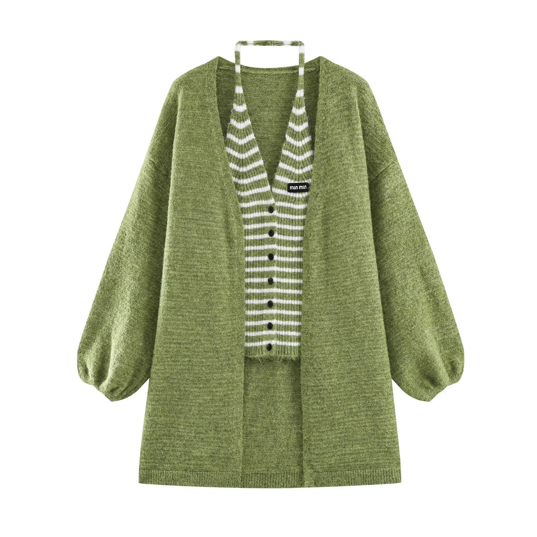 Damen Oversize Strickcardigan mit Ballonärmeln und gestreifter Einfass-Knopfleiste Drune