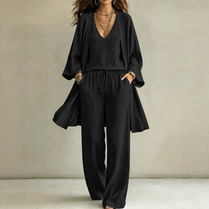 Damen Leichtes Lounge-Set mit Kimono-Cardigan, V‑Ausschnitt-Top und weitem Kordelbund-Hose Drune