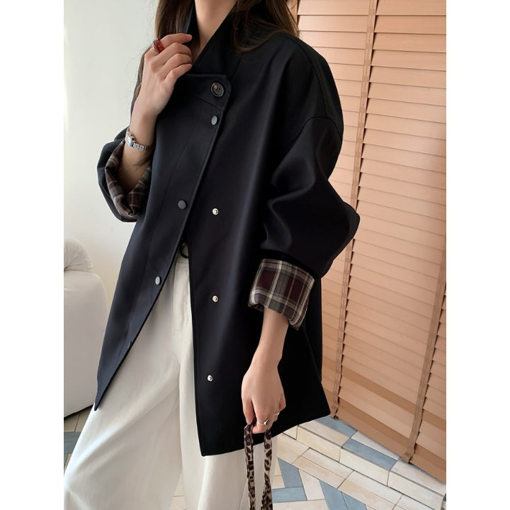Damen Oversized Kurzjacke mit Druckknopfleiste und karierter Ärmelaufschlag Drune