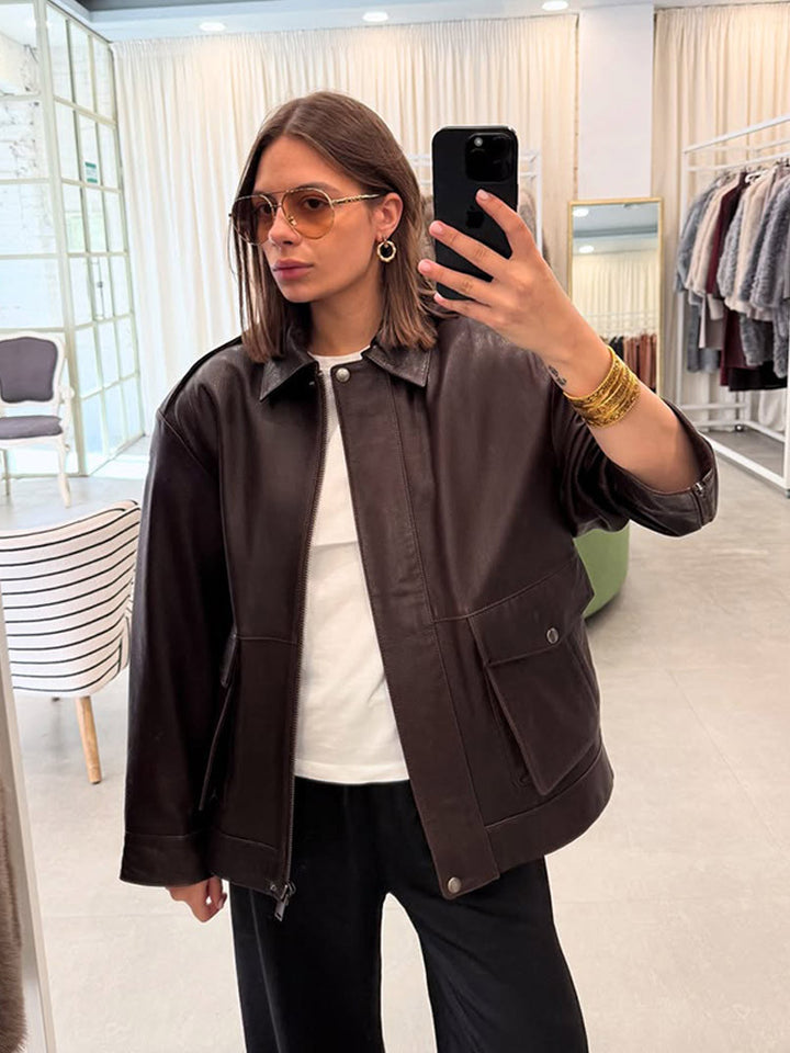 Damen stylische Lederjacke mit praktischen Taschen und modernem Schnitt Drune